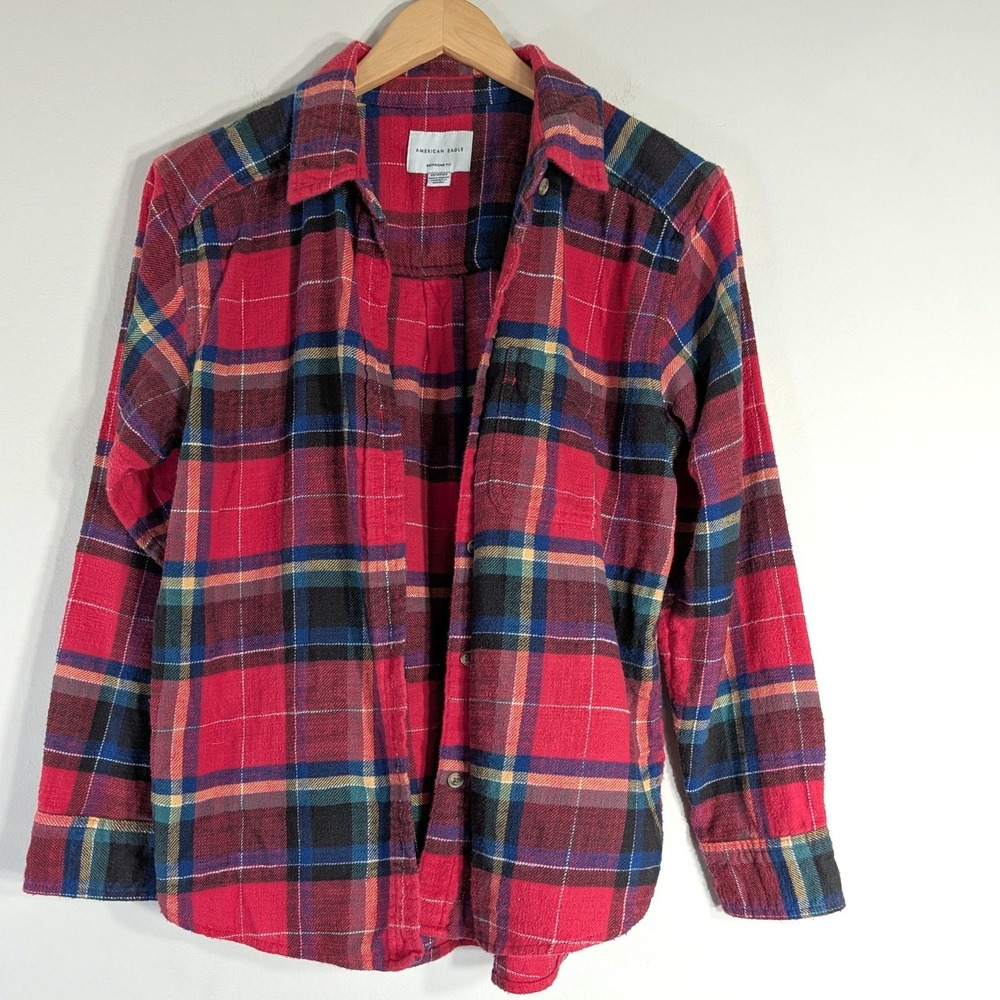 American Eagle Red Plaid Flannel Shirt; Boyfriend Fit Long Sleeve Cotton
